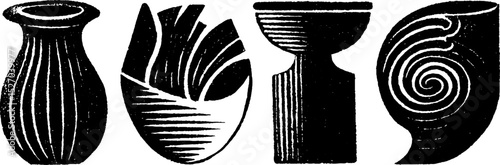 Intricate neo folk art woodcut print featuring unique textured vessels