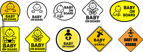 Baby on Board Sign Vector Set – Cute and Bold Yellow Car Safety Stickers with Baby Icons, Pacifiers and Warning Labels – Infant on Board Designs for Vehicle Use