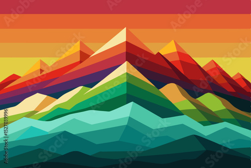 Colorful vector mountain landscape illustration with a bright rainbow wave pattern