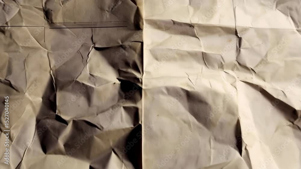 Textured beige paper sheet, deeply wrinkled, showing folds and sharp edges, abstract, aged document, detailed view, soft lighting