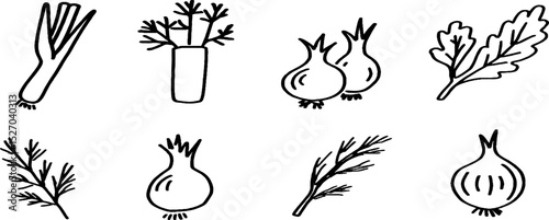 Quirky sketches of celery and vegetables for culinary design and decor