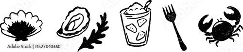 Quirky sketches of clam shell, oyster, drink, fork, and crab for creative design
