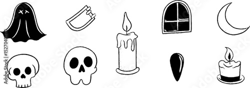 Quirky halloween sketches of cloak, skull, candle, window, and moon