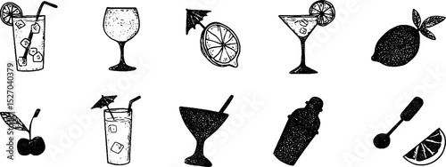 Quirky cocktail glass sketches: creative set for bar menu and design