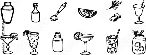 Quirky cocktail sketches collection for beverage design and decoration