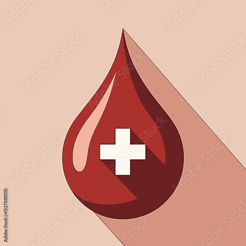 Blood drop with medical cross symbol in flat design style  