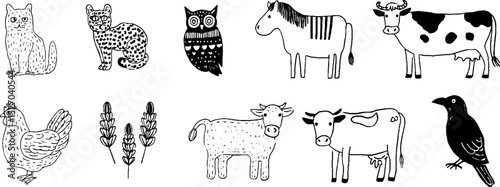 Whimsical farm animal and bird sketches collection for creative design