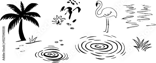 Tropical quirky sketches collection featuring flamingo and palms for creative designs