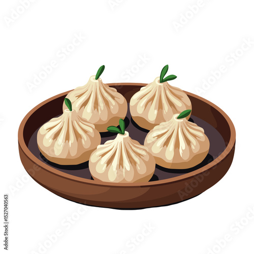 Dumplings served on a brown plate with green garnish 