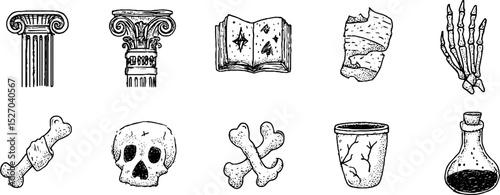 Gothic column and quirky sketches set featuring bones, skulls, and potions for creative design