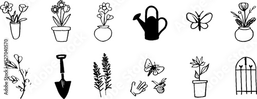 Whimsical garden elements and quirky floral sketches for creative design projects