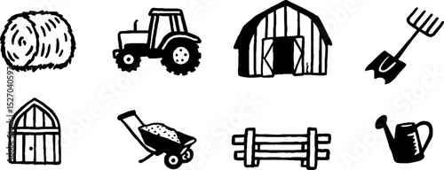 Quirky farm life sketches: hay bale, tractor, barn, and tools for creative designs