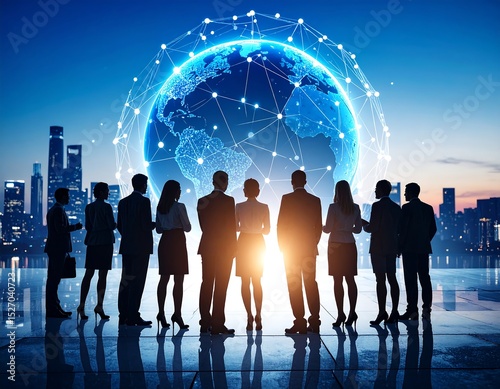 Business team facing global network