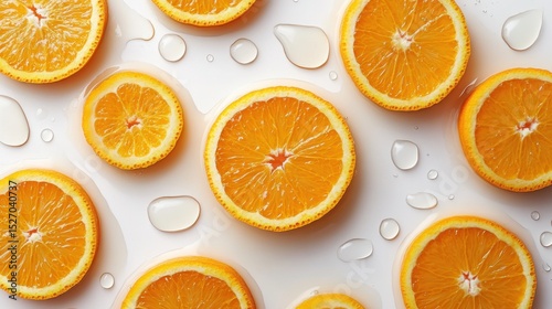 Top view classic breakfast pancakes with orange slices and maple syrup on white background