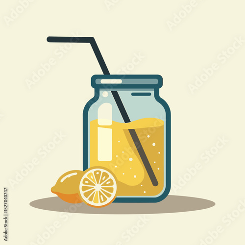 Refreshing lemonade in glass jar with straw and lemon slice  