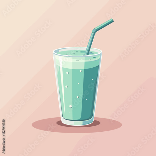 Fresh green smoothie in clear glass with straw on pastel background  