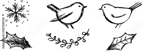 Quirky hand-drawn robin and snowflake sketches for winter holiday design