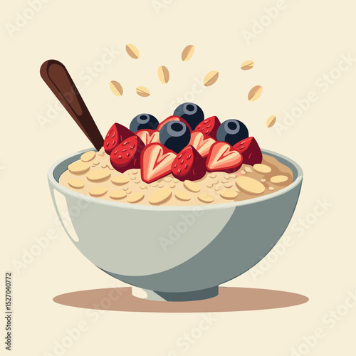 Bowl of oatmeal topped with fresh strawberries and blueberries  