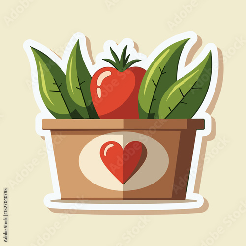 Cartoon plant pot with tomato and leaves featuring heart design  