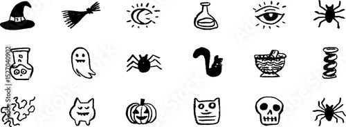 Quirky halloween sketches set featuring witch hat, ghost, and pumpkin icons for creative design