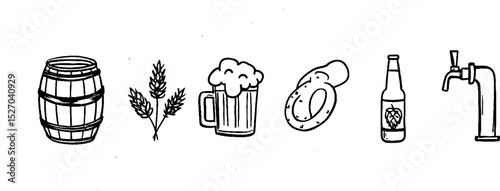 Quirky sketches of beer-themed items: barrel, wheat, mug, pretzel, bottle, tap for craft breweries