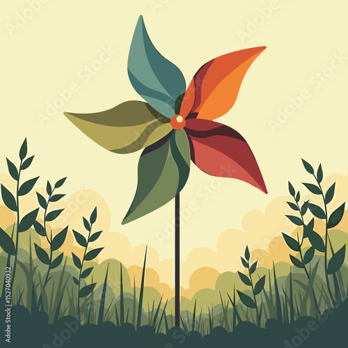 Colorful pinwheel spinning in a green field during summer  