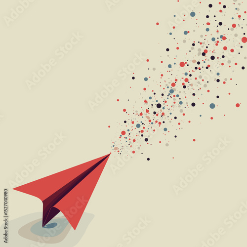 Red paper airplane releasing colorful confetti into the air  