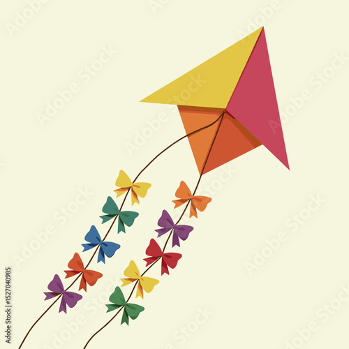 Colorful kite flying with butterfly-shaped streamers in pastel background  