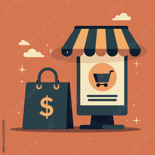 Online shopping icons with a shopping bag and computer screen display