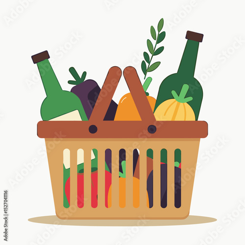 Colorful grocery basket filled with vegetables and bottles
