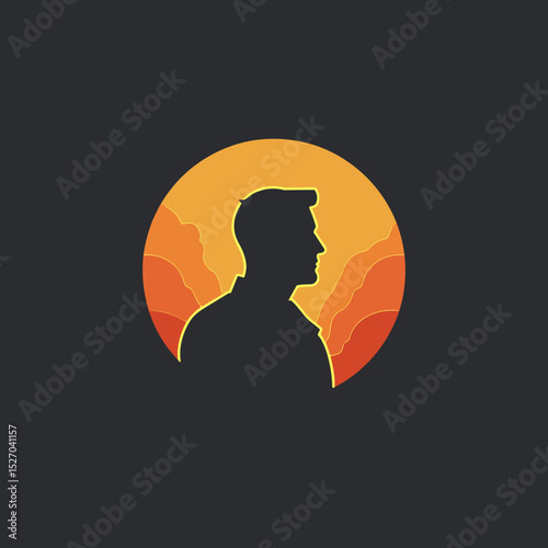 Silhouette of a man against sunset landscape in modern design  