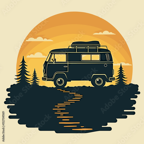 Vintage camper van parked by a pathway in a sunset landscape  