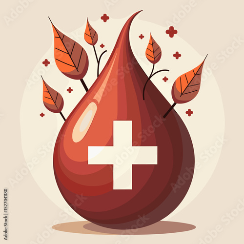Blood drop with medical cross and autumn leaves in warm colors  