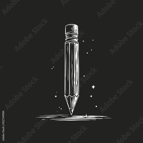 Metallic pencil standing upright with stars on dark background  