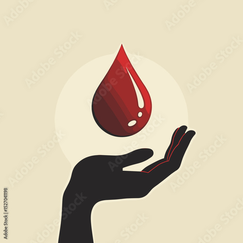 Hand holding a red drop of blood against a neutral background  