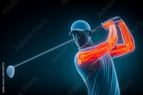 Male golfer mid swing with an X ray overlay indicating golfer's elbow medial epicondylitis in the right arm the affected tendon highlighted in red