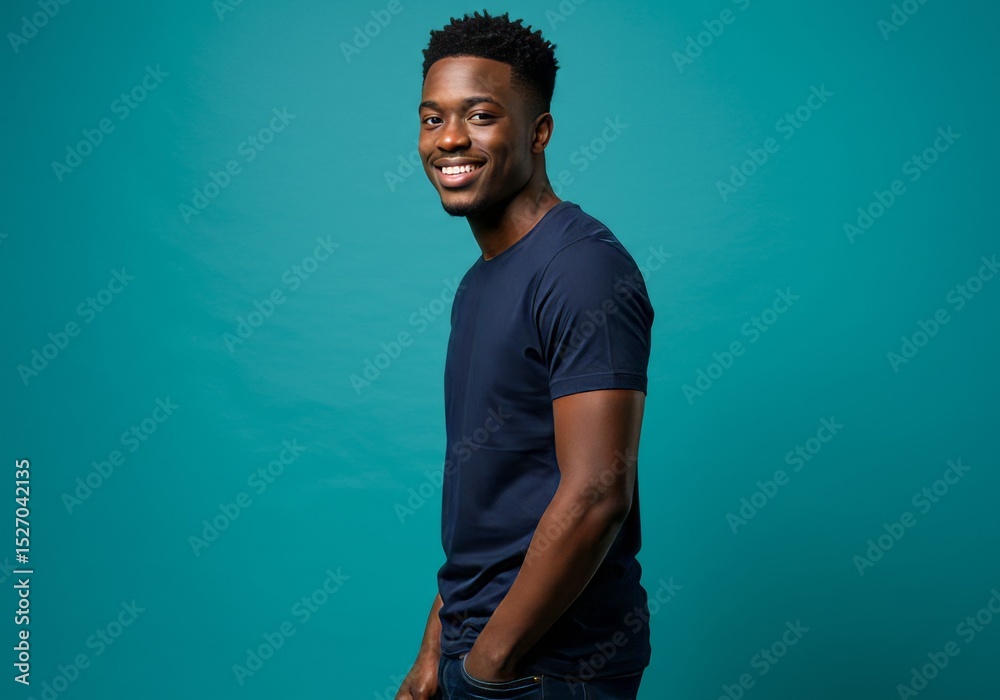 Fototapeta premium Portrait of a Smiling Young Black Man Against a Teal Background