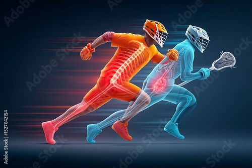 Male lacrosse player dodging an opponent with an anatomical illustration showing a hip flexor strain on the right side the strained muscle fibers glowing red