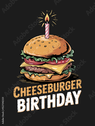 A cheeseburger is topped with a lit birthday candle, combining elements of a birthday celebration with a classic fast-food item. Cheeseburger Birthday