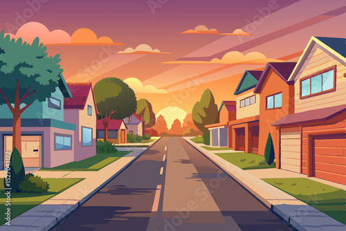 Old town street in Europe with houses and trees under a blue sky, reflecting a peaceful summer landscape
