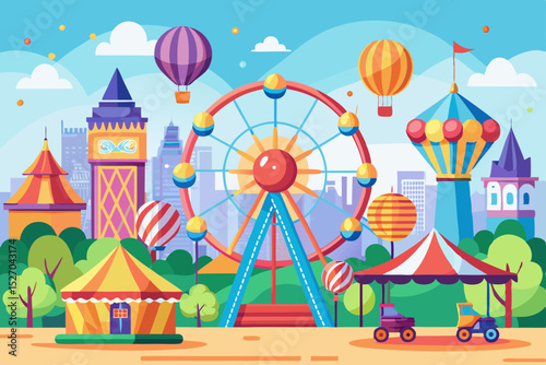 Cartoon vector illustration of a magical carousel in a festive city park, under a summer sky with a fantasy castle nearby