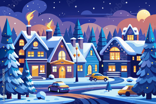 Christmas night landscape with houses and snow under a starry sky, a perfect holiday village scene
