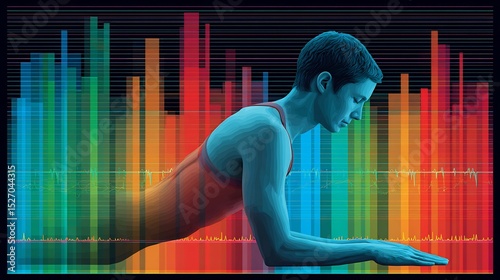 Patient performing Pilates based planks in Therapeutic exercise with a glitch art HUD showing deep core muscle activation transverse abdominis
