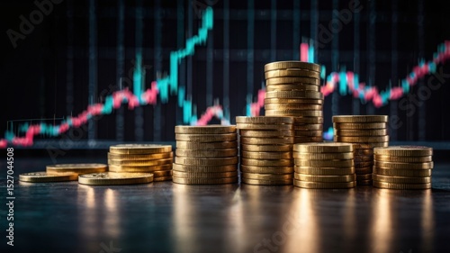 Gold coins stacked high in front of a stock chart symbolizing wealth  financial growth
