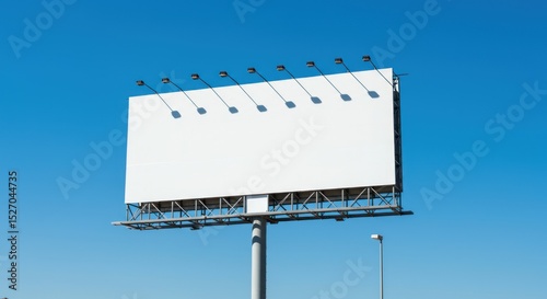 A billboard against a clear blue sky with lights on top standing tall on a metal structure