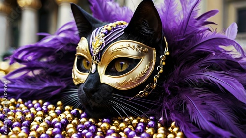 Black cat wearing a gold mask surrounded by purple feathers and beads Mardi Gras style