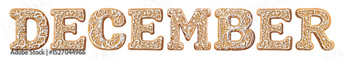 December Text Composed of Gingerbread Cookies with Glaze Isolated on White and Png Transparent Background