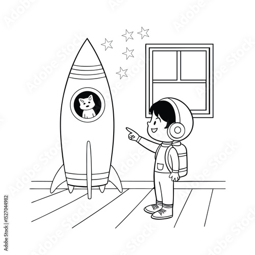 Child Astronaut Imagines Space Adventure with Cat Inside Rocket