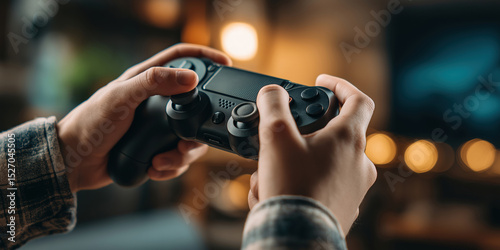 Engaging in gaming with a controller at home during the evening hours