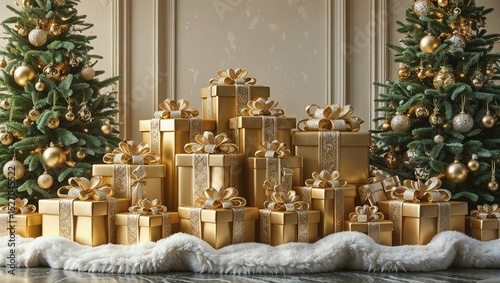 Elegant Christmas Decor Background With Golden Gifts And Trees	
